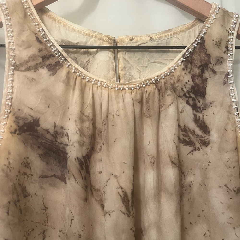 Beaded Silk Sleeveless Blouse with Hand Dyed Leaf Print
